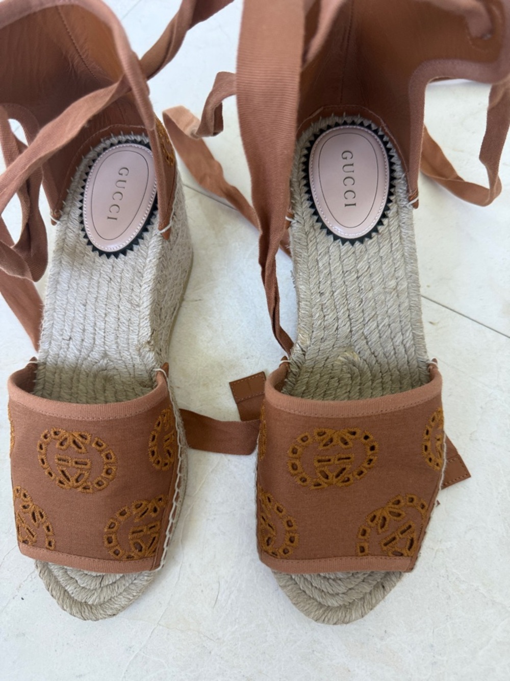 Gucci Tan Embroidered Espadrille Wedge Sandals with Ankle Ties